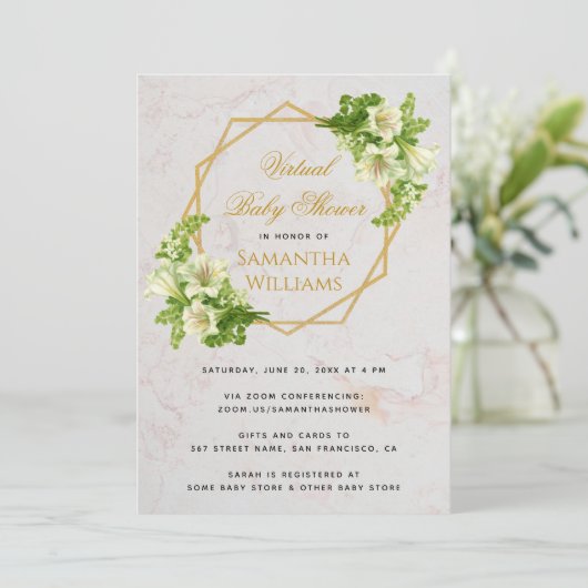 仮想ベビーシャワーライリー金ゴールドフローラ幾何学的 招待状 (スタンド正面)