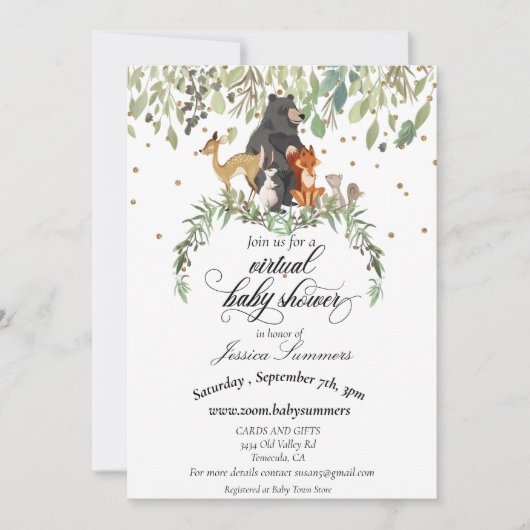 仮想ベビーシャワー森林動物 招待状 (正面)