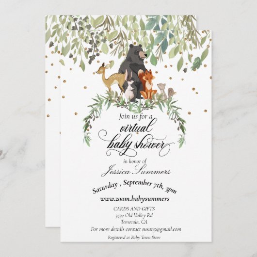 仮想ベビーシャワー森林動物 招待状 (正面/裏面)