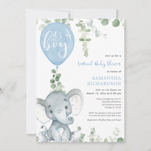 仮想ベビーシャワー象のブルーバルーンボーイ 招待状 (正面)