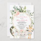 仮想ベビーシャワー赤面ピンク金ゴールドフローラ動物 招待状 (正面)