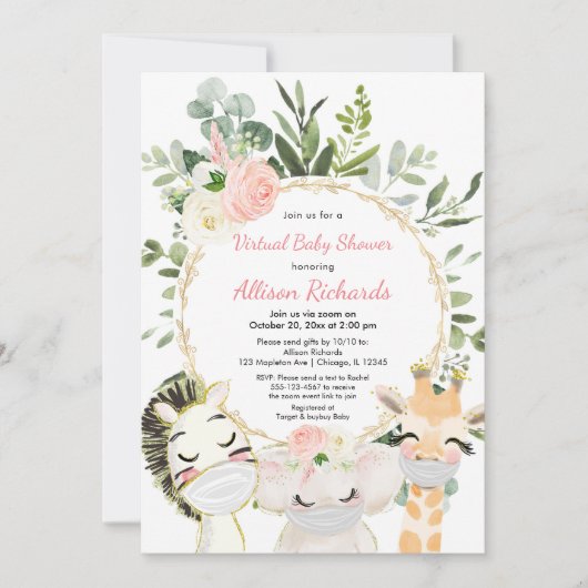 仮想ベビーシャワー赤面ピンク金ゴールドフローラ動物 招待状 (正面)