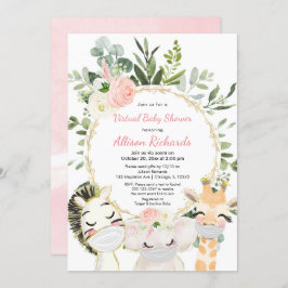 仮想ベビーシャワー赤面ピンク金ゴールドフローラ動物 招待状