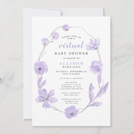 仮想ベビーシャワー | ラベンダーフローラ水彩 招待状 (正面)