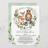 仮想ベビーシャワー | 緑豊かな森林動物 招待状 (正面/裏面)
