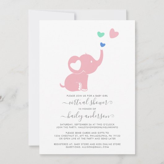 仮想ミニマル赤ちゃんシャワーピンクガールエレファント 招待状 (正面)
