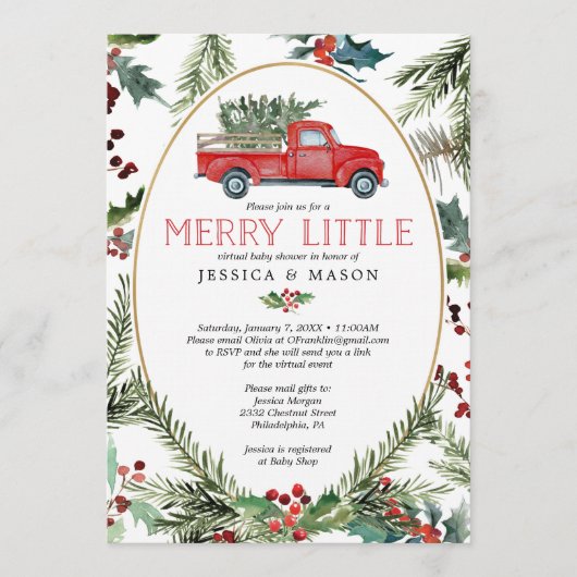 仮想メリー赤ちゃんシャワー招待状カードレッドトラック プログラム (正面)