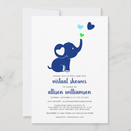 仮想モダン男の赤ちゃんシャワーブルーエレファント 招待状 (正面)