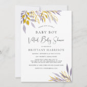 仮想ラベンダー金ゴールドフローラ男の赤ちゃんシャワー 招待状 (正面)