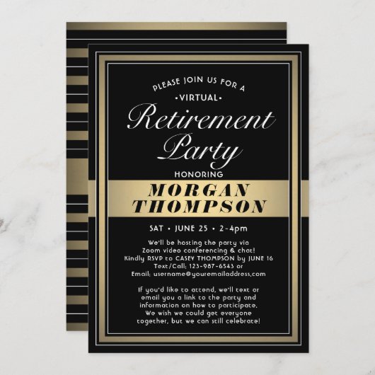 仮想リタイアパーティー白黒と金ゴールド 招待状 (正面/裏面)