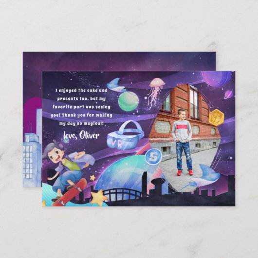 仮想現実 |ゲーム誕生日サンキューカード サンキューカード (正面/裏面)