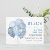 仮想男の赤ちゃんシャワーバルーン青グリッター 招待状 (スタンド正面)
