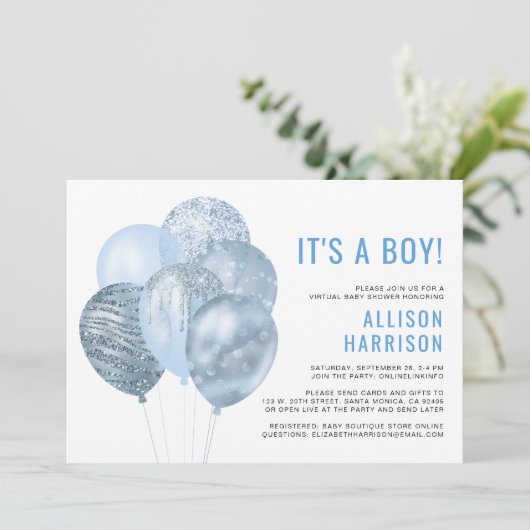 仮想男の赤ちゃんシャワーバルーン青グリッター 招待状 (スタンド正面)