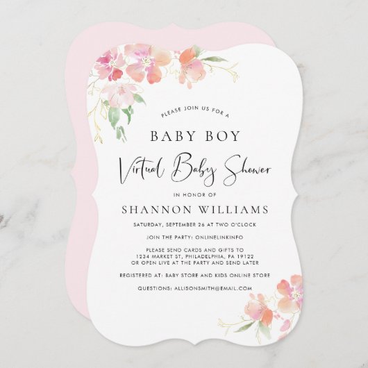仮想男の赤ちゃんシャワーピンクフローラ水色 招待状 (正面/裏面)