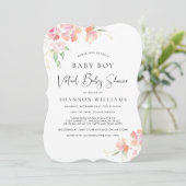 仮想男の赤ちゃんシャワーピンクフローラ水色 招待状 (スタンド正面)