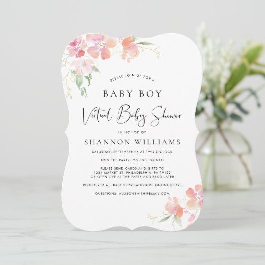 仮想男の赤ちゃんシャワーピンクフローラ水色 招待状 (スタンド正面)