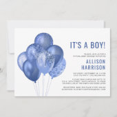 仮想男の赤ちゃんシャワーブルーグリッターバルーン 招待状 (正面)