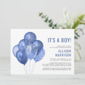 仮想男の赤ちゃんシャワーブルーグリッターバルーン 招待状 (スタンド正面)
