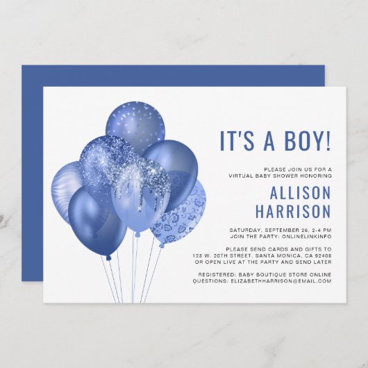 仮想男の赤ちゃんシャワーブルーグリッターバルーン 招待状 (正面/裏面)