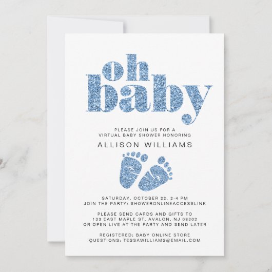 仮想男の赤ちゃんシャワーブルーグリッター 招待状 (正面)