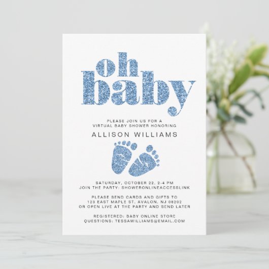 仮想男の赤ちゃんシャワーブルーグリッター 招待状 (スタンド正面)