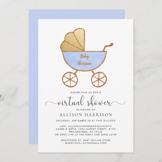 仮想男の赤ちゃんシャワーレトロキャリッジブルー 招待状 (正面/裏面)
