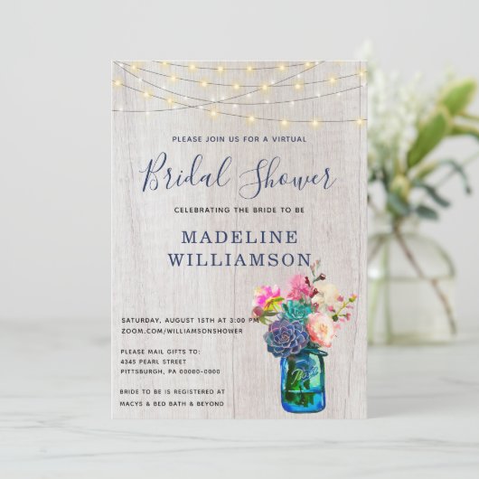 仮想素朴ブライダルシャワーメイスンジャー多肉株 招待状 (スタンド正面)