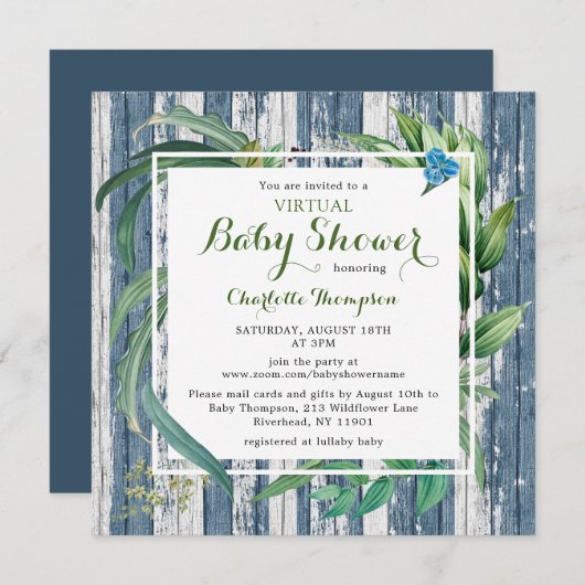 仮想素朴赤ちゃんシャワー水色グリーンフローラ 招待状 (正面/裏面)