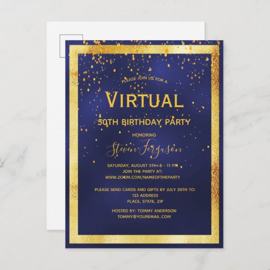 仮想誕生日パーティーの青い金ゴールド招待 ポストカード (正面/裏面)