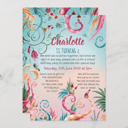 仮想誕生日、フローラカラフルホーお洒落ス 招待状 (正面/裏面)