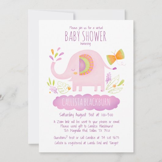 仮想象かわいいピンクの女の子の赤ちゃんシャワー 招待状 (正面)