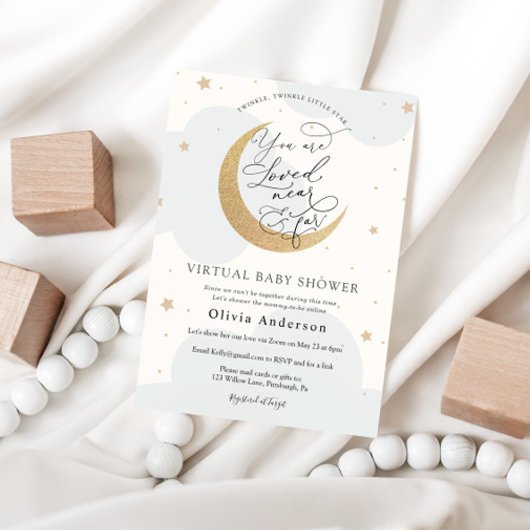 仮想赤ちゃんシャワーブルーきらめく星と月 招待状