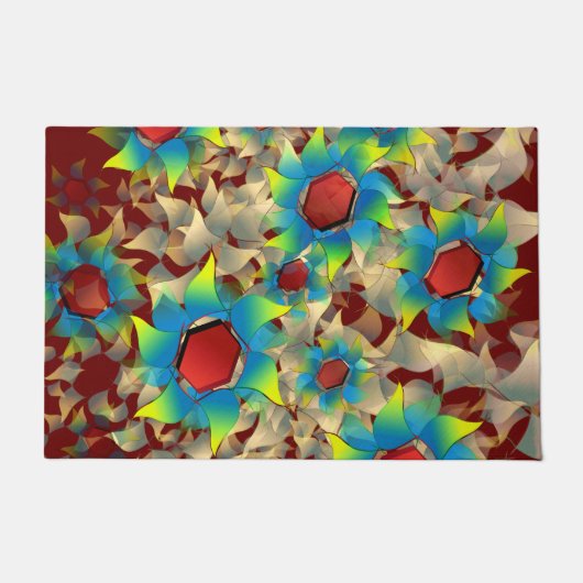 仮想違うの花、濃い赤の上に青い花びら ドアマット (正面)