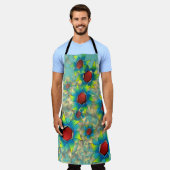 仮想違う花、ティール（緑がかった色）上の青みがかった花びら エプロン (着用した状態)