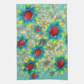 仮想違う花、ティール（緑がかった色）上の青みがかった花びら キッチンタオル (縦)