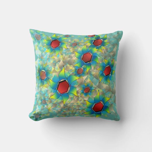 仮想違う花、ティール（緑がかった色）上の青みがかった花びら クッション (正面)