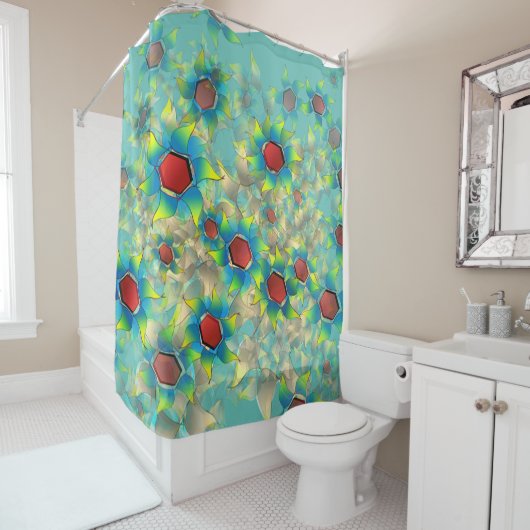 仮想違う花、ティール（緑がかった色）上の青みがかった花びら シャワーカーテン (インサイチュ)