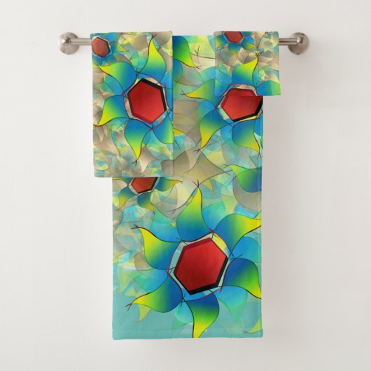 仮想違う花、ティール（緑がかった色）上の青みがかった花びら バスタオルセット (インサイチュ)