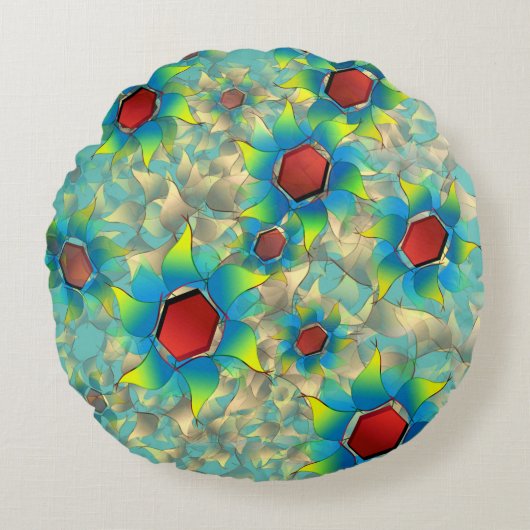 仮想違う花、ティール（緑がかった色）上の青みがかった花びら ラウンドクッション (正面)