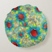 仮想違う花、ティール（緑がかった色）上の青みがかった花びら ラウンドクッション (裏面)