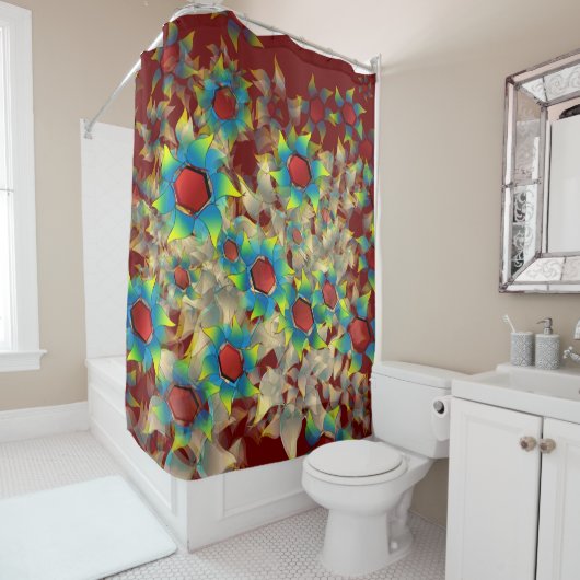 仮想風変わりの花、暗い赤に青みがかった花びら シャワーカーテン (インサイチュ)