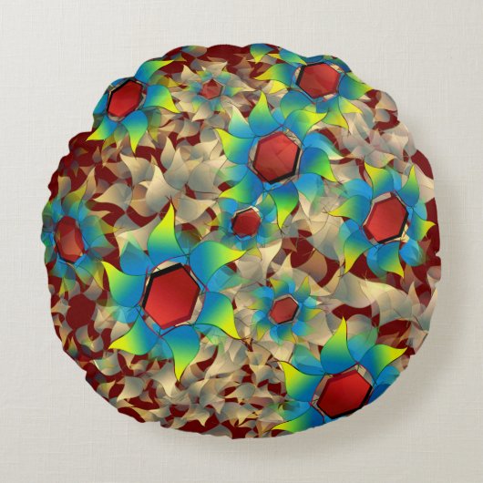 仮想風変わりの花、暗い赤に青みがかった花びら ラウンドクッション (正面)