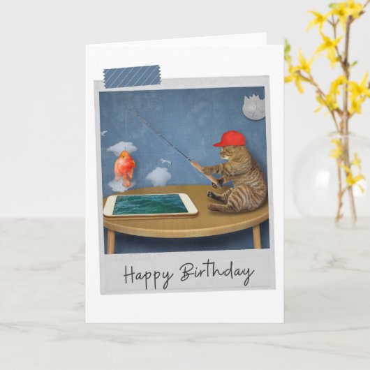 仮想魚釣りCatおもしろい誕生日カード カード (黄色い花)