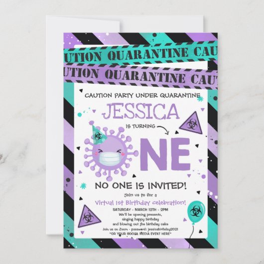 仮想1日の誕生日パーティー検疫1日の誕生日 招待状 (正面)