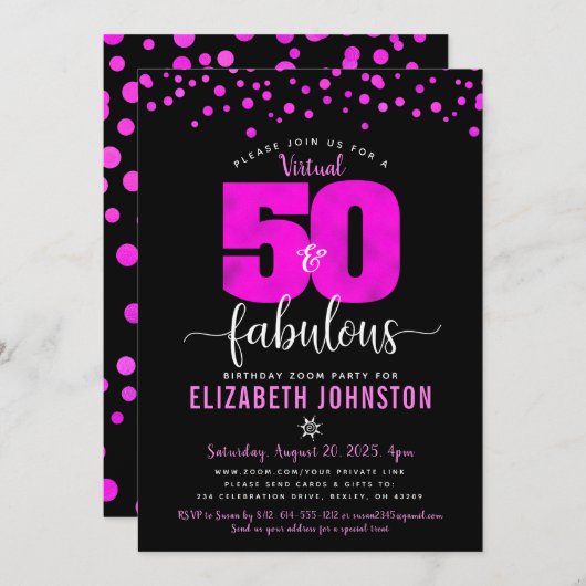 仮想50と素晴らしい誕生日のホットピンクのドット 招待状 (正面/裏面)