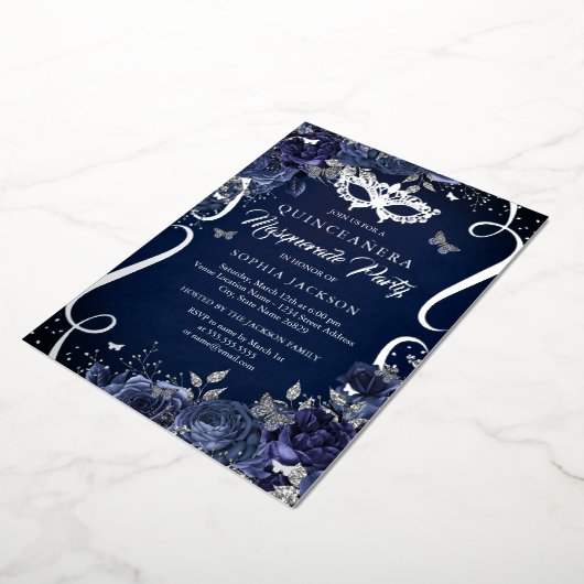 仮装のバタフライネイビーシルバーキンセアニェラ 箔招待状 (回転した状態)