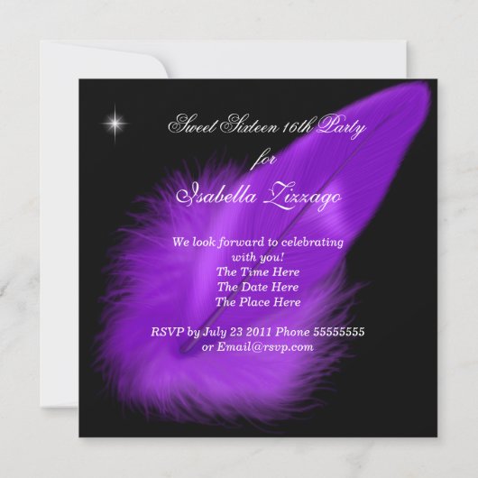 仮装の甘い16パープルホワイトフェザーマスク 招待状 (裏面)