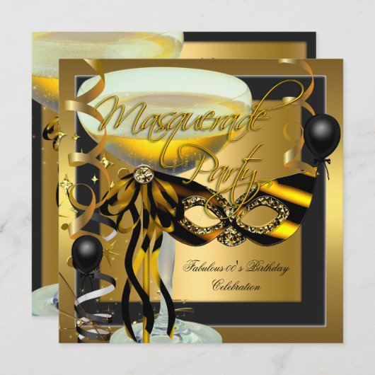 仮装の素晴らしいゼブラマスク金ゴールド誕生日 招待状 (正面/裏面)