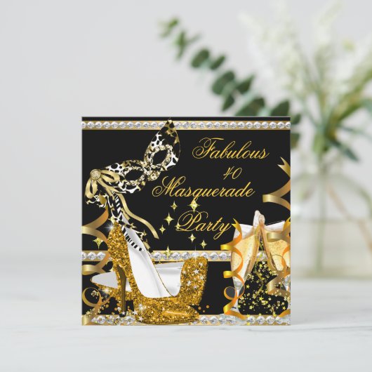 仮装の素晴らしい40女性の金ゴールドハイヒールマスク 招待状 (スタンド正面)