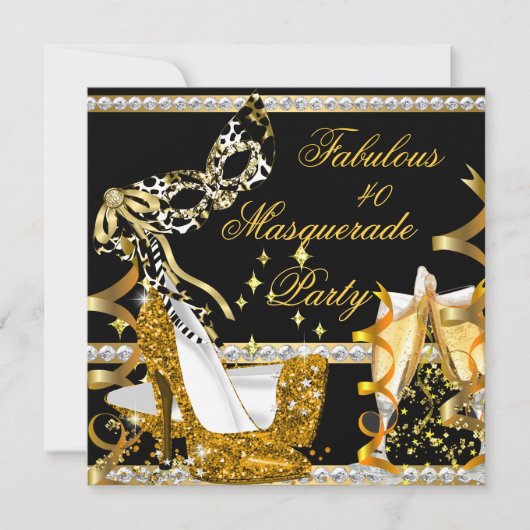 仮装の素晴らしい40女性の金ゴールドハイヒールマスク 招待状 (正面)